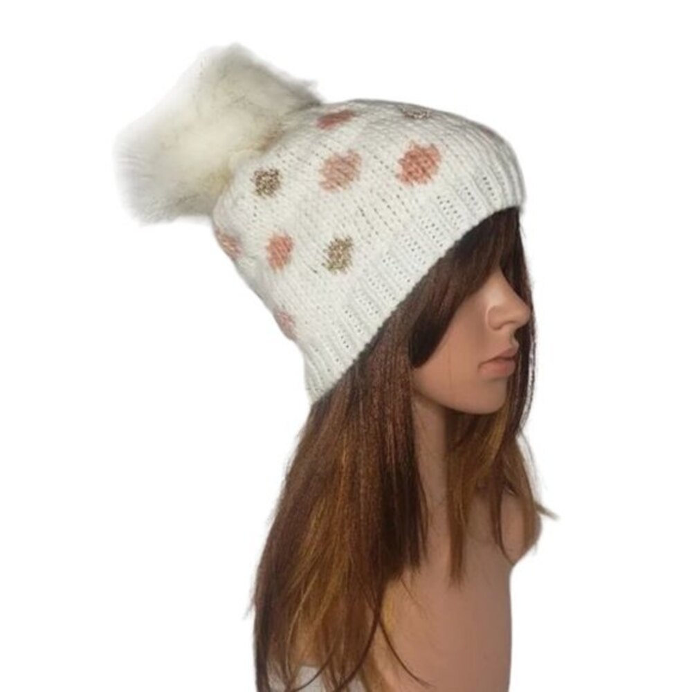 LAUREN CONRAD WHITE POM POM HAT WITH PEACH & GOLD POLKA DOTS